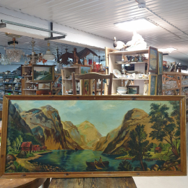 Картина "Жизнь на горном озере" холст, масло, небольшие дефекты рамы, есть подпись худ-ка, 152х67см